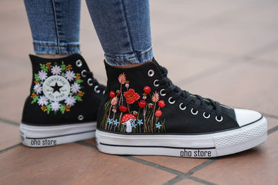 Mushroom and flower embroidered shoes