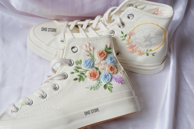 White Flowers Embroidered Sneakers for Bride