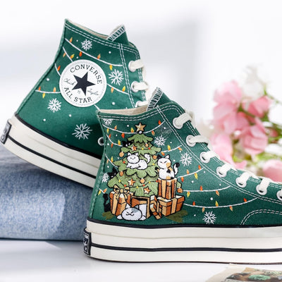 Meowy Christmas Embroidered Converse Shoes