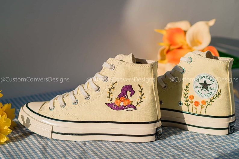 Embroidered Sneakers Witch Hat And Flowers