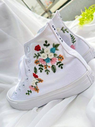 White Rose Fern Bouquet Converse Embroidery