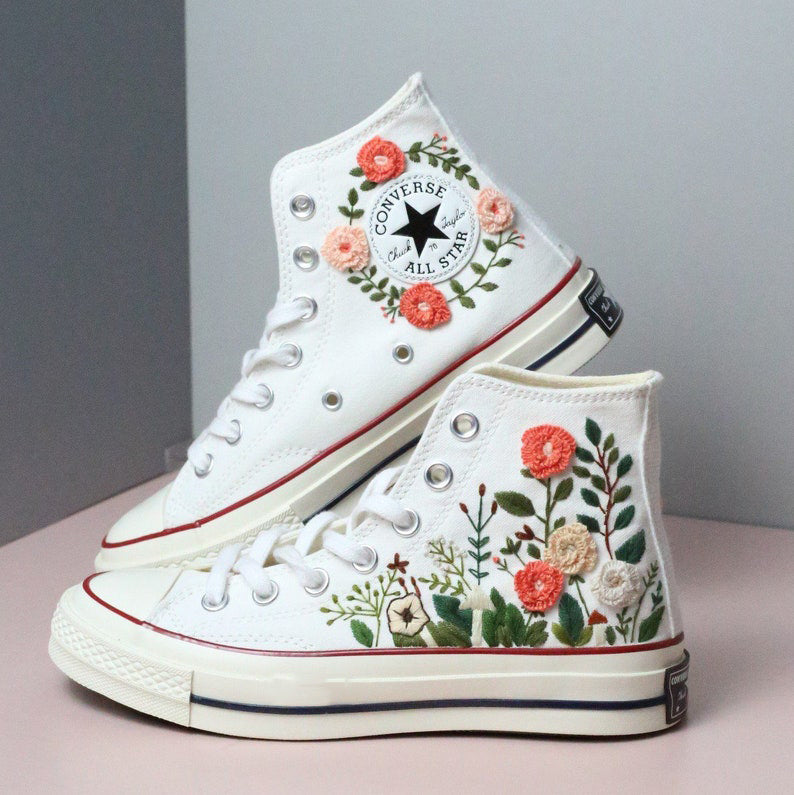 Coral Rose Garden Converse Embroidery