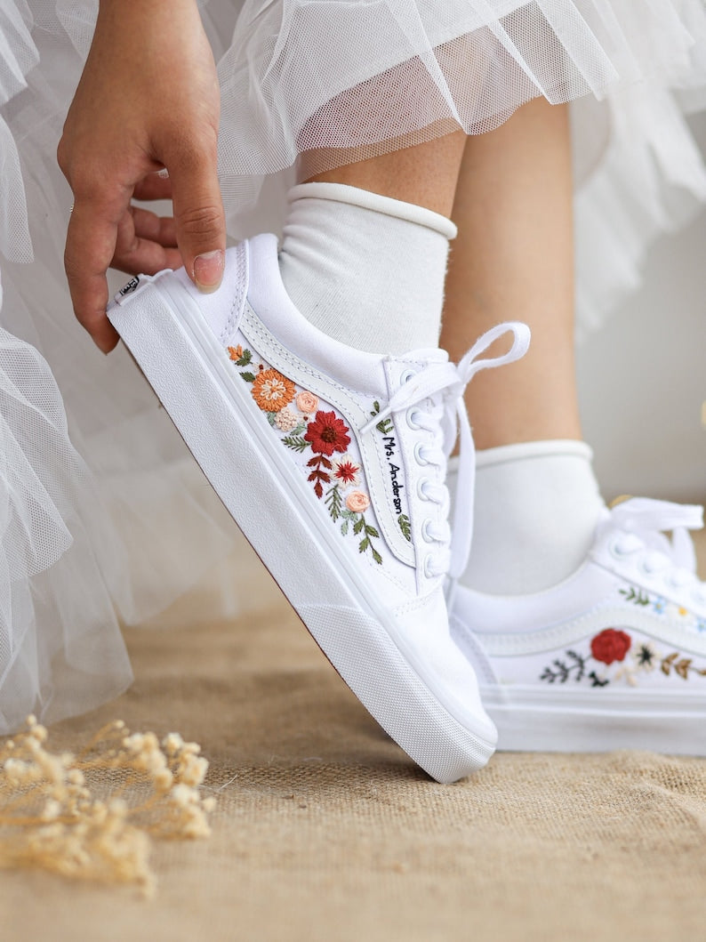 Vans Embroidered Red and Burnt Orange Flowers