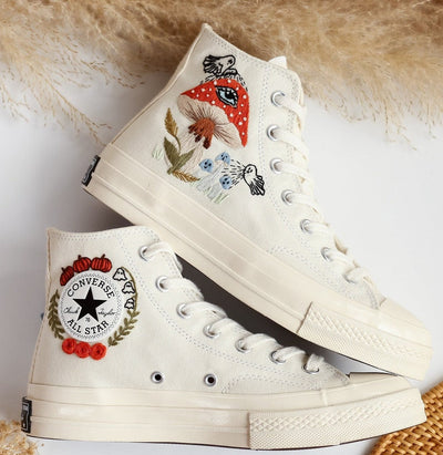 Ghosts and Mushrooms Evil Eye Embroidered Shoes Custom High Tops