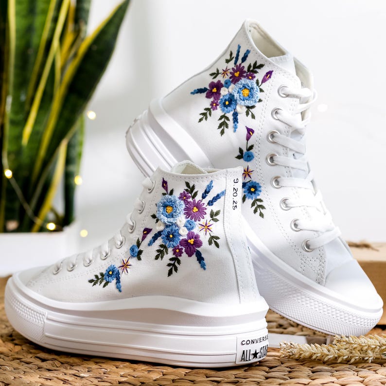 Blue Purple Floral Wedding Converse Embroidery
