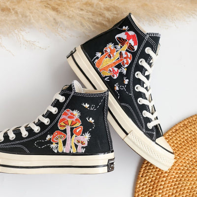 Converse Embroidery Bee Colorful Mushroom Garden High Tops