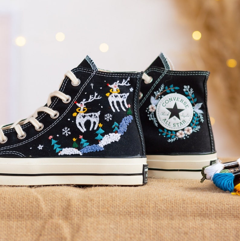 Custom Converse High Tops Embroidered Reindeer Christmas