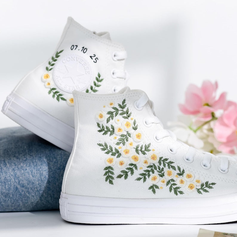 White Floral Embroidery Converse Shoes