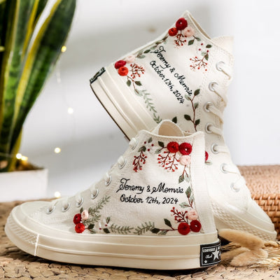 Red Rose Berry Vine Wedding Converse Embroidery
