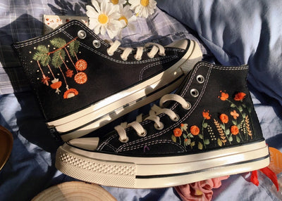Orange Floral Garden Converse Embroidery