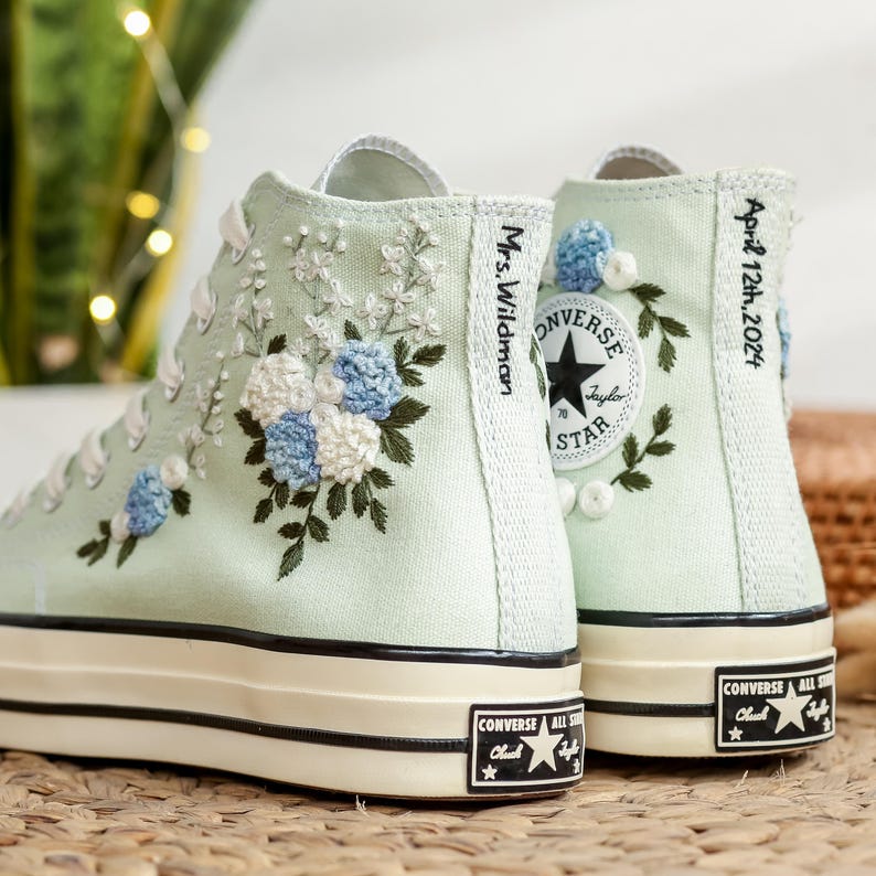 Blue White Roses Wedding Converse Embroidery