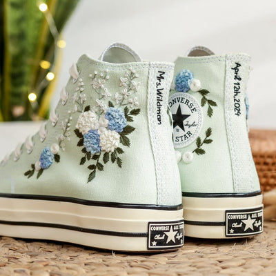 Blue White Roses Wedding Converse Embroidery