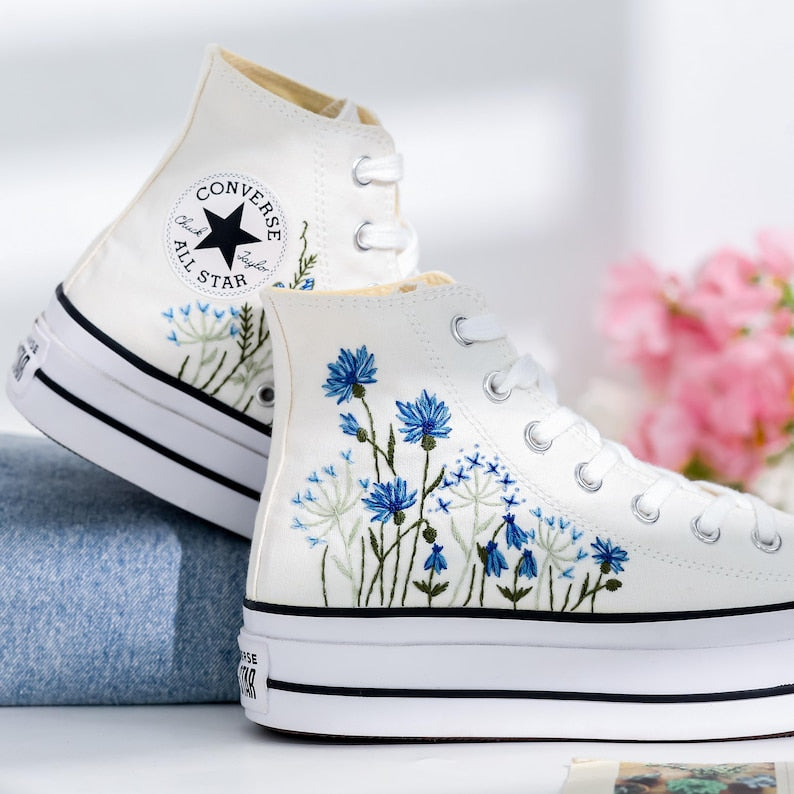 Wedding Blue Flowers Embroidered Converse Shoes