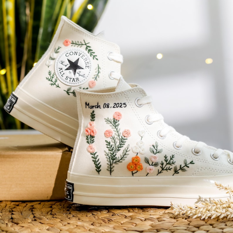 Peach Roses Wedding Converse Embroidery