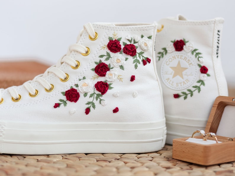Red White Roses Wedding Converse Embroidery