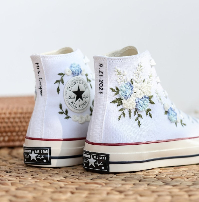 Blue Rose & Hydrangea Wedding Converse Embroidery