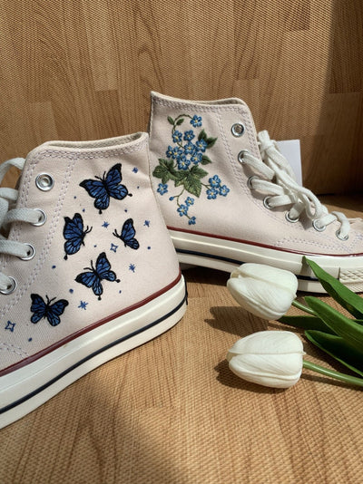 Blue Butterflies and Flowers Converse Embroidery