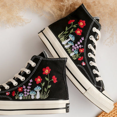 Custom Converse Embroidered Blue Mushrooms and Red Flowers High Top