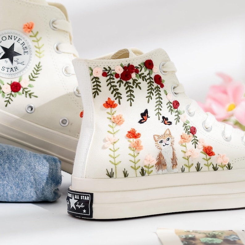 Wedding Flowers and Cat Embroidered Converse Shoes