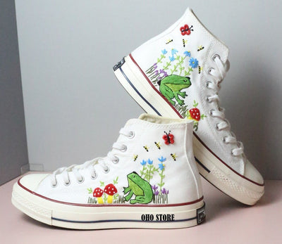 Frog and mushroom embroidered shoes