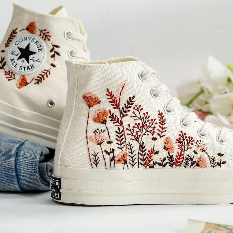 Burnt Orange Bouquet Embroidered Converse Shoes