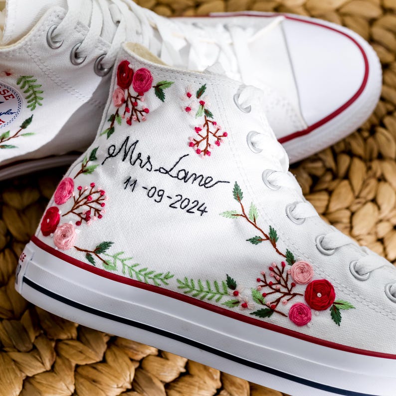 Pink Rose Berry Vine Wedding Converse Embroidery