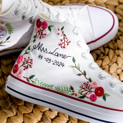 Pink Rose Berry Vine Wedding Converse Embroidery
