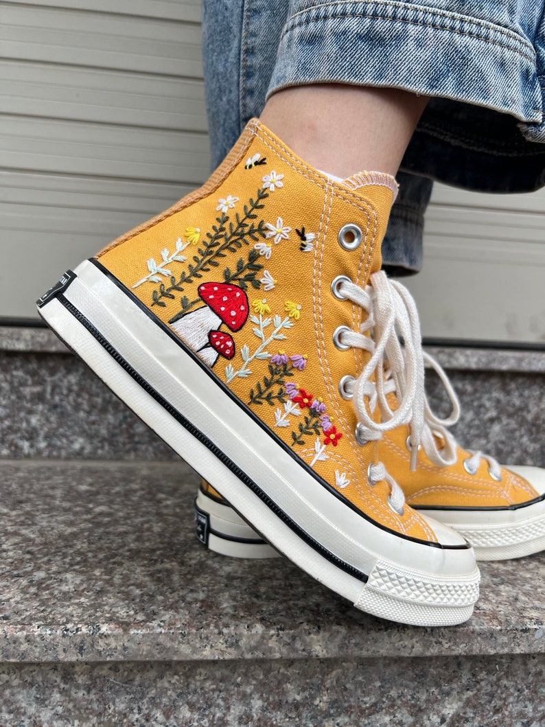 Flowers, Mushrooms And Bees Embroidery High Tops