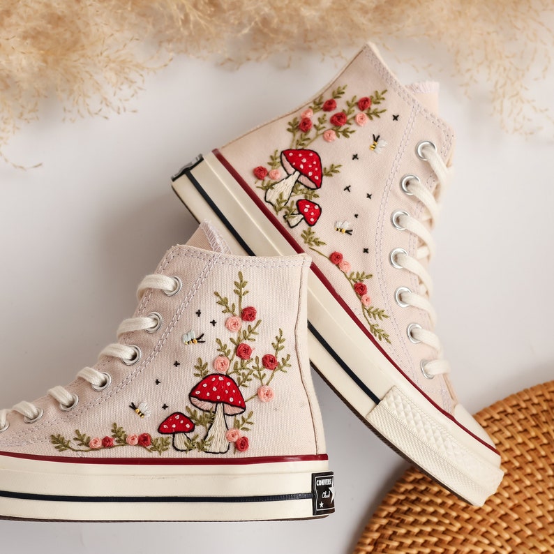 Mushrooms and Flower Embroidered Converse High Top