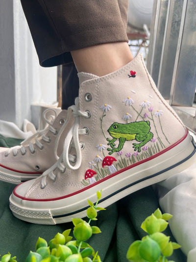 Converse High Tops Embroidered Flower, Mushrooms And Frogs