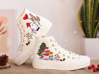 Embroidered Dog Christmas Shoes, Puppy Embroidered Converse