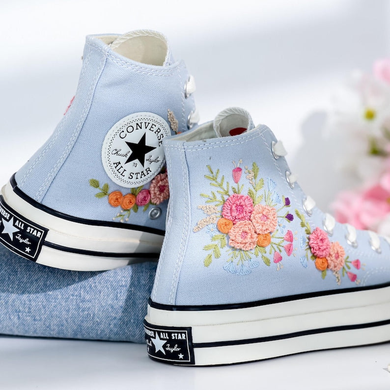 Pink Flower Embroidered Converse Shoes