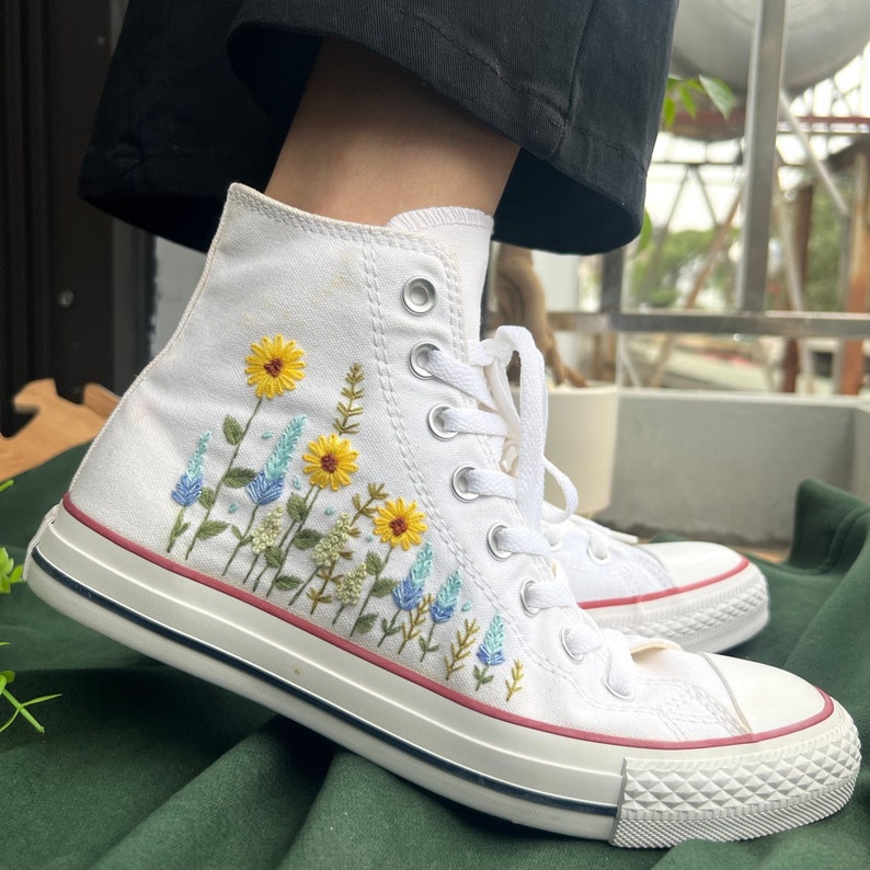 Sunflowers and Blue Flowers Converse Embroidery