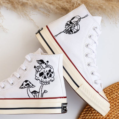 Ghost and Mushrooms Embroidered Gothic Sneaker High Tops