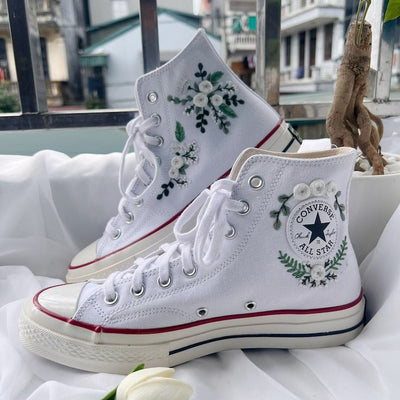 White Flower  Embroidered Converse