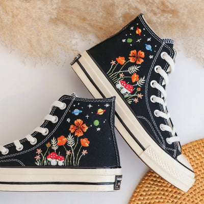 Mushroom and Orange Flower Garden Embroidered Shoes Custom High Tops