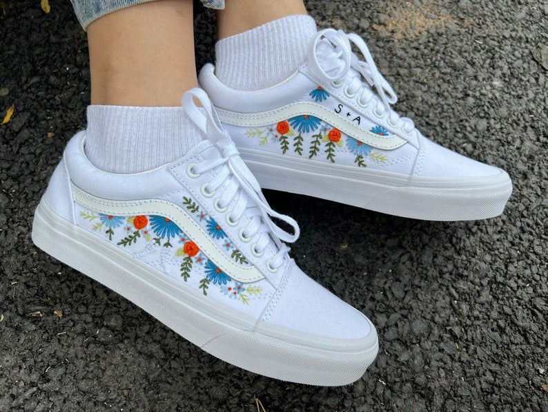 Embroidered Vans Sweet Blue Flower Garden