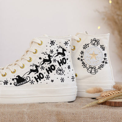 Converse Embroidered With Herd of Reindeer and Santa Claus