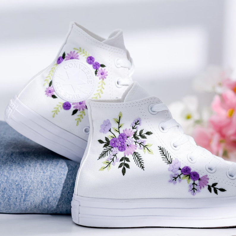 Purple Bridal Bouquet Embroidered Converse Shoes