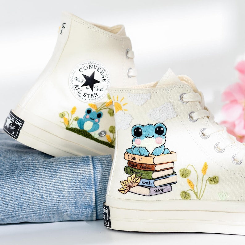 Books and Frogs Embroidered Shoes