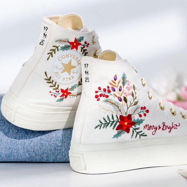 Poinsettia Flowers Embroidered Converse Shoes