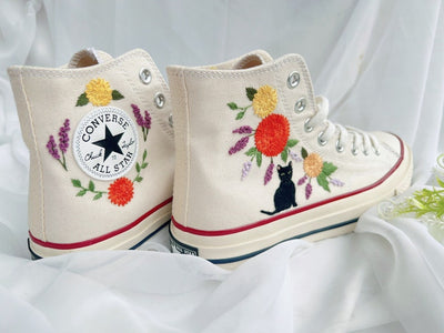 Black Cat & Orange Flowers Converse Embroidery
