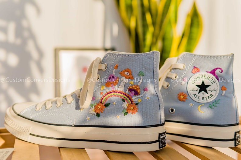 Converse High Tops Rainbow And Colorful Mushrooms Embroidered