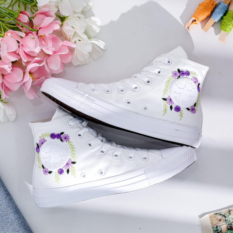 Purple Bridal Bouquet Embroidered Converse Shoes