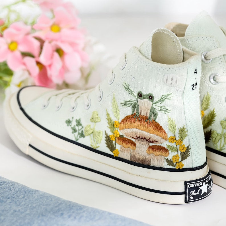 Mushroom and Frog Embroidered Converse Shoes