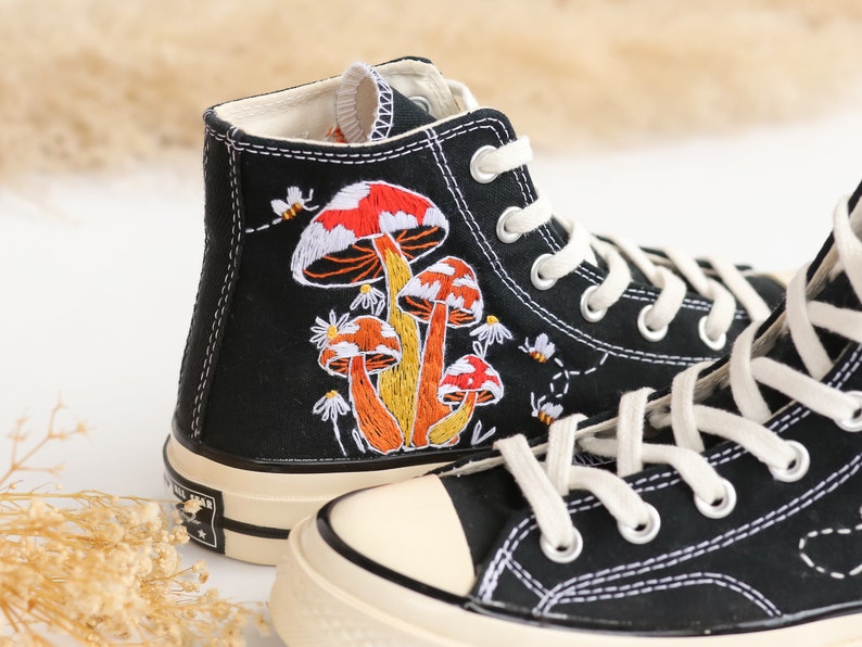 Converse Embroidery Bee Colorful Mushroom Garden High Tops