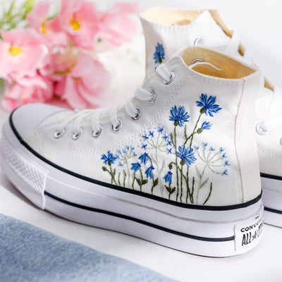 Wedding Blue Flowers Embroidered Converse Shoes