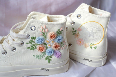 White Flowers Embroidered Sneakers for Bride