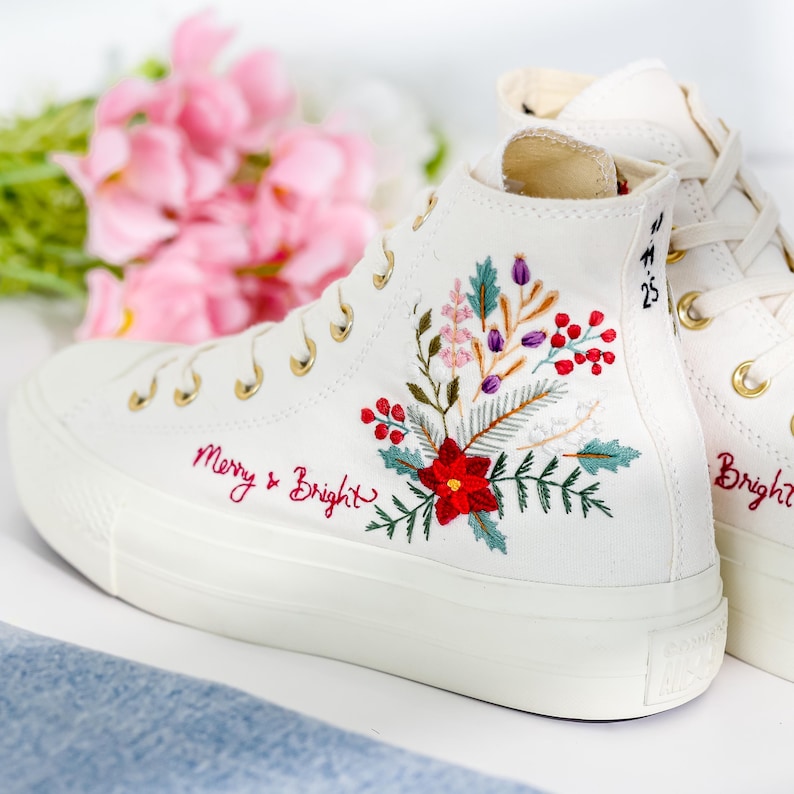 Poinsettia Flowers Embroidered Converse Shoes