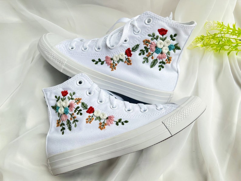 White Rose Fern Bouquet Converse Embroidery